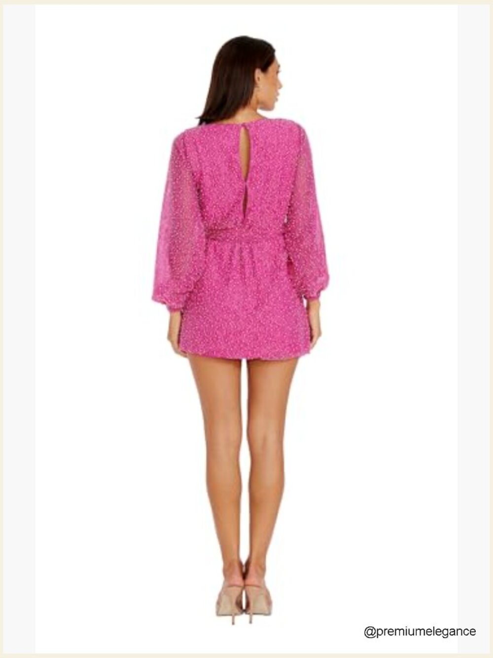 Beaded Shift Mini Dress, Long Bishop Sleeves, Zipper Closure, Nylon Blend - Picture 2 of 4